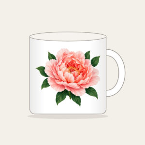 Full-Blown Peony with Green Leaves Mug in white: A full-blown peony in blush and coral with deep green leaves.