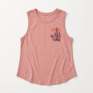 Sunset Cactus Muscle Tank with compact chest print of a flowering saguaro cactus against a striped sunset sun in coral, plum and cream