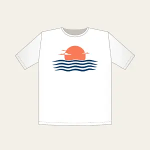 Rising Sun over a Navy Horizon T-Shirt in white: Navy horizon lines meet a small warm coral sun, with a few tiny white clouds.