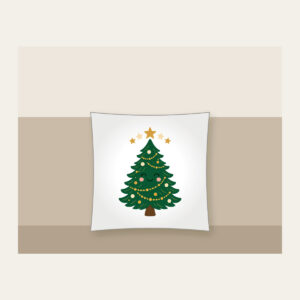 Little Pine and Five Stars Pillow in white: A friendly stylised pine tree with five small stars above it in cream and gold.