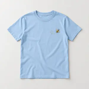 Embroidered Bee Flight Tee with small embroidered bee with a dotted flight path in gold and charcoal thread on the left chest
