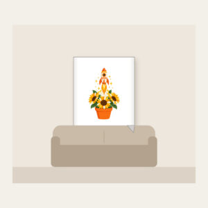 Striped Rocket in Sunflower Pot Fleece Blanket in white: A small striped rocket lifts off from a pot of sunflowers in white, yellow and orange.