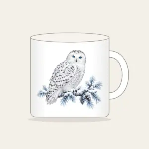 Snowy Owl on a Frosted Branch Mug in white: A snowy owl on a frosted branch in white, grey and ice blue.