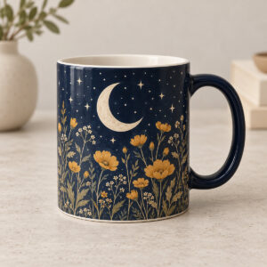 Starlight Meadow Reveal Mug Concept with cream and navy illustrated surface with a crescent moon above ochre wildflowers and pale star dots, all flat printed artwork