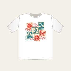 Vintage Postage Collage T-Shirt in white: Vintage postage stamps with a wavy postmark in teal, cream and red.