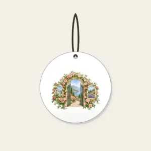 Rose Garden Gate Arch Ceramic Ornament in white: An arched garden gate wrapped in blush and green climbing roses, with botanical and landscape scenes in its openings.
