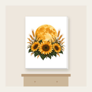 Harvest Moon over Sunflower Fields Canvas Print in white: A large harvest moon rises over sunflower and wheat silhouettes in amber, deep green and cream.