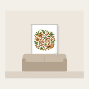 Dinosaur Bones and Fern Dig Scene Fleece Blanket in white: Dinosaur bones and curling ferns lie scattered across warm sand in earthy brown and green.