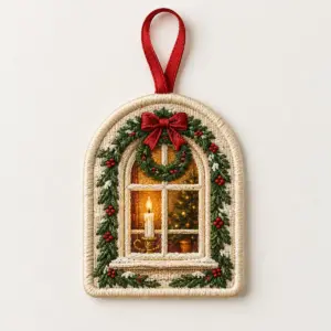 Cottage Window Embroidered Ornament with embroidery of a cottage window with a wreath and a warm candle in cream, green and amber