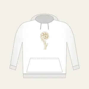 Unrolling Fiddlehead Fern Hoodie in white: A single fiddlehead fern unrolls in cream line art.