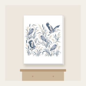 Herons and Reeds in Grey-Blue Canvas Print in white: Herons stand among reeds in grey-blue and cream in an all-over pattern.