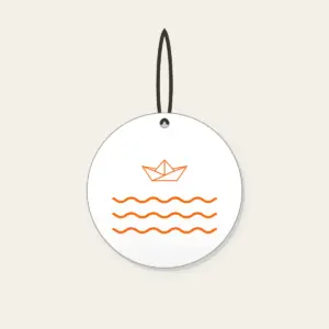 Paper Boat on Ripples Ceramic Ornament in white: A folded paper boat on three ripple lines in white and orange.