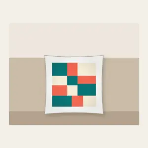 Teal, Coral and Cream Color Blocks Pillow in white: Color blocks in teal, coral and cream sit side by side.