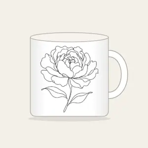 Peony in One Line Mug in white: A single peony drawn in one continuous black line with two leaves.