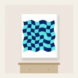 Ripple Checkerboard in Navy and Aqua Canvas Print in white: A checkerboard whose squares ripple like waves in navy and aqua.
