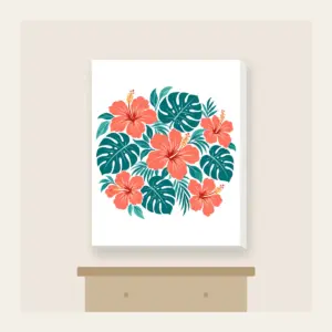 Coral Hibiscus and Monstera Leaves Canvas Print in white: Coral hibiscus flowers and teal monstera leaves repeat across a cream ground.