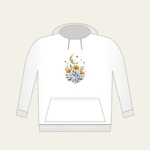 Crescent Moon over Ochre Wildflowers Hoodie in white: A crescent moon floats over ochre wildflowers and pale star dots on a cream and navy illustration.