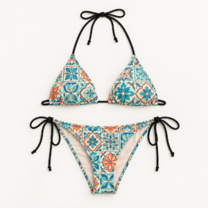 Mosaic Tile String Bikini with all-over mosaic tiles in aqua, coral and cream
