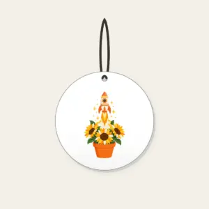 Striped Rocket in Sunflower Pot Ceramic Ornament in white: A small striped rocket lifts off from a pot of sunflowers in white, yellow and orange.