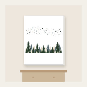 Pine Silhouettes under Scattered Stars Canvas Print in white: A band of pine silhouettes runs along the lower edge beneath a drift of tiny stars in slate, forest green and cream.