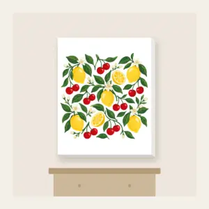 Cherry and Lemon Orchard Pattern Canvas Print in white: Cherries, lemons and leaves in red, yellow and green scattered across a cream field.