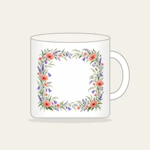 Roadside Wildflower Border Mug in white: A loose border of coral, violet and green wildflowers and grasses along the edges, leaving the center open.