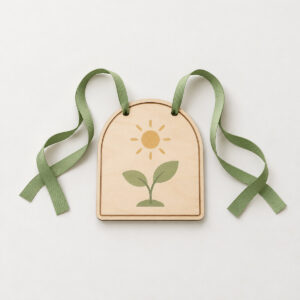 Little Sprout Stroller Sign with a tiny two-leaf sprout in soft green with a small sun above