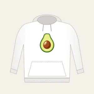 Halved Avocado Study Hoodie in white: An avocado cut open in leaf green, with a warm brown pit and a pale cream highlight.