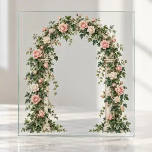 Garden Arch Decal with an arch frame of climbing roses and ivy in blush, deep green and cream, with open space in the middle
