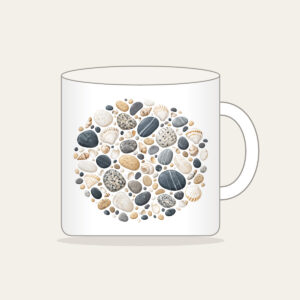 Beach Pebbles and Tiny Shells Mug in white: Pebbles and tiny shells in sand, slate and white are scattered across the artwork.