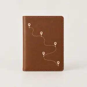 Dotted Route Passport Wallet with a dotted route line connecting small map pins in cream on warm brown