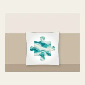 Sea-Glass Teal Abstract Waves Pillow in white: Abstract waves in sea-glass teal, aqua and frosted white with a fine sand speckle.