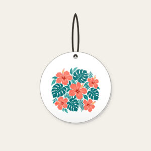 Coral Hibiscus and Monstera Leaves Ceramic Ornament in white: Coral hibiscus flowers and teal monstera leaves repeat across a cream ground.