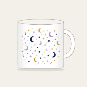 Scattered Stars and Crescents Mug in white: Small stars and crescent moons scattered across the night in navy, lilac and gold.