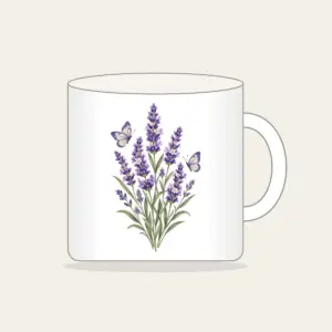 Lavender Stems and Two Butterflies Mug in white: Tall lavender stems rise beside two small butterflies in violet, cream and sage.