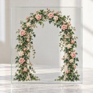 Garden Arch Decal with an arch frame of climbing roses and ivy in blush, deep green and cream, with open space in the middle