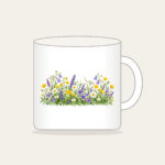 Wildflower Strip Beneath a Pale Sky Mug in white: A strip of yellow, purple and white wildflowers runs along the lower edge beneath a pale sky gradient.