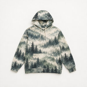 Lightweight Pine Mist All-Over Hoodie with all-over layered pines and mist in slate, sage and cream