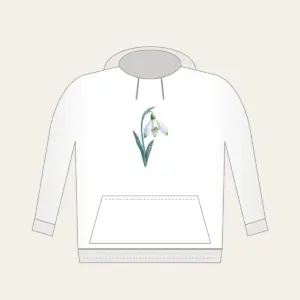 Frosted Snowdrop Blossom Hoodie in white: A snowdrop flower with white petals, green tips and a pale blue stem, drawn with a delicate frost texture.