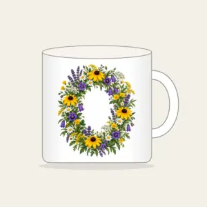Oval Wildflower Wreath Mug in white: A bold oval wildflower wreath in yellow, purple and green sits at the centre.