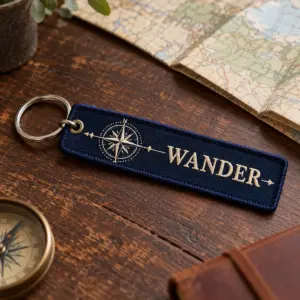Navy patch keychain embroidered with a compass and the word WANDER