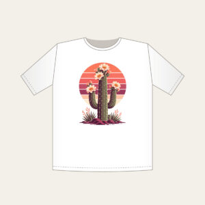 Flowering Saguaro and Striped Sun T-Shirt in white: A flowering saguaro cactus stands against a striped sunset sun in coral, plum and cream.