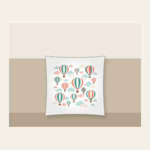 Striped Hot Air Balloons in the Clouds Pillow in white: Striped hot air balloons drift through clouds in coral, teal and cream.