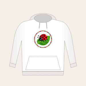 Ladybug on a Leaf Hoodie in white: A cheerful ladybug rests on a green leaf inside a polka-dot border in red, black and green.
