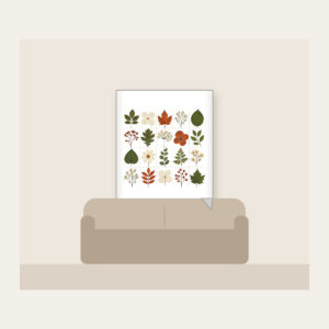 Pressed Leaf Specimen Grid Fleece Blanket in white: A grid of pressed leaves and blossoms in green, rust and cream with tiny index lines.