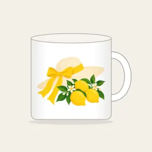 Sunhat with Three Lemons Mug in white: A wide sunhat with a ribbon beside three lemons in cream, lemon yellow and green.