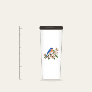 Bluebird on a Blossom Branch Tumbler in white: A small bluebird rests on a branch of cobalt, white and pale pink blossoms.
