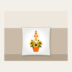 Striped Rocket in Sunflower Pot Pillow in white: A small striped rocket lifts off from a pot of sunflowers in white, yellow and orange.