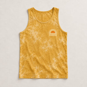 Gold Sunset Bleached Men's Tank with compact front chest panel print of a half sun with three wave lines in cream and orange, designed to sit quietly on a bleach-effect tank in Gold