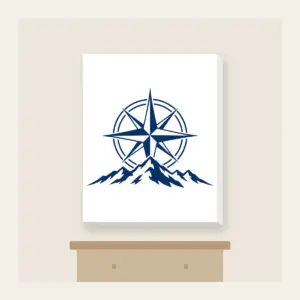 Compass Rose over a Ridge Line Canvas Print in white: A compass rose rests over a simple ridge line in navy and white.